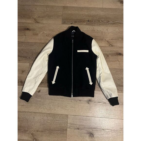 Outclass Varsity Jacket in Navy Wool & Beige Leather Size Small - Picture 1 of 3